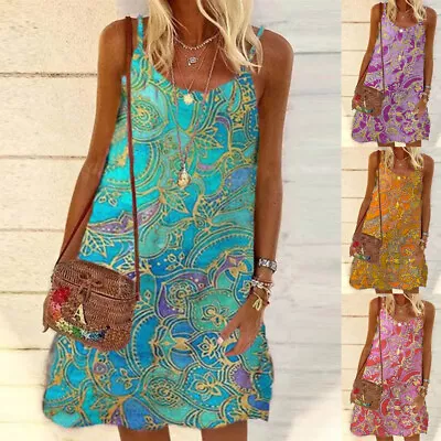£8.69 • Buy Womens Sleeveless Chiffon Sundress Beach Vintage Ladies BoHo Strappy Mini Dress