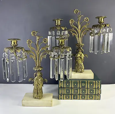 Antique Brass Girandole Two-Candle Candelabra Crystal Prisms Marble Base X2 • $399.99