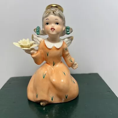 Vintage Porcelain Angel Orange Dress Pig Tails Holding Flower Ucago Free Ship • $21.98