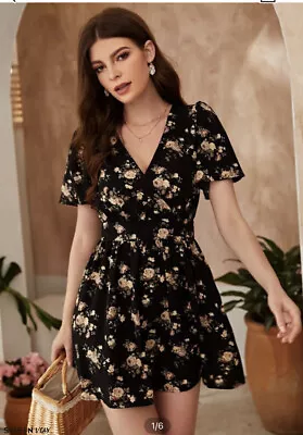 $12 • Buy Shein Floral Black A Line Mini Dress Nwot L 12/14
