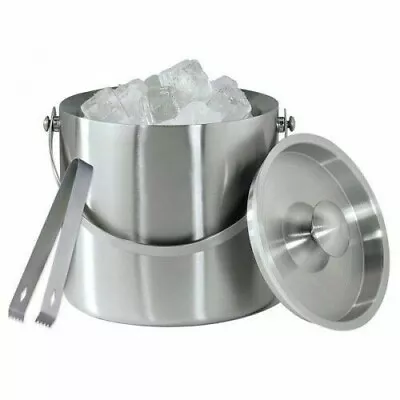 1.8L Large Ice Bucket With Lid & Tongs Insulated Double Walled Cooler Stainless • £17.95