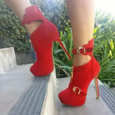 Red Punk Women's Front Zip Buckle Strap Round Toe High Heel Ankle Boots Wedding • $71.99