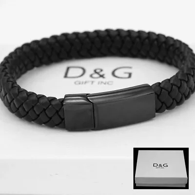 New DG Gift Inc Men's Stainless Steel 8.5  Braided Leather Magnetic Bracelet+Box • $17.98