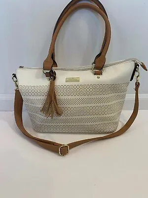 Minicci White Tan Tassle Laser Cut Shoulder Handbag • $16.99