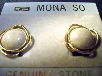 NOS Vintage MONA SO Genuine Stone And Antique Gold Tone Earrings Clip On • $9.99