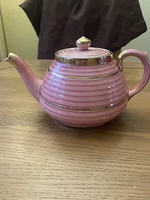 Vintage Beautiful Pink And Gold Ribbed Teapot Small Chip To Spout  • £5