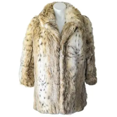 Vintage 90s Tissavel Faux Fur Spotted Coat Mob Wife Luxury Tan Cream Size 14 • $95