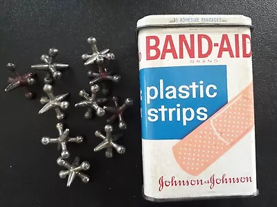 Vintage Tin Metal Johnson-Johnson Band-Aid Box And 10 Metal Toy Jacks As Found • $10