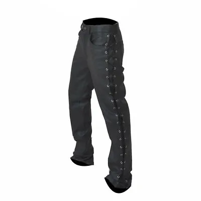 Mens Side Laced Jeans Real Soft Leather Black Pants Motorcycle Biker Trousers • £67.99