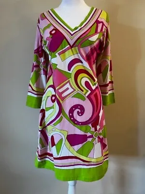 Barbara Gerwit Pink Green Yellow Geometric V Neck Jersey Sheath Dress Size S • $19.99