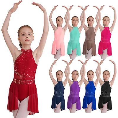 Girls Lyrical Dance Dress Rhinestone Latin Jazz Ballet Gymnastic Leotard Dresses • £9.96