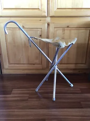 Vintage ALUMINUM CANE W/ SEAT - Walking Stick Chair Canvas Seat (4 Legs) • $79