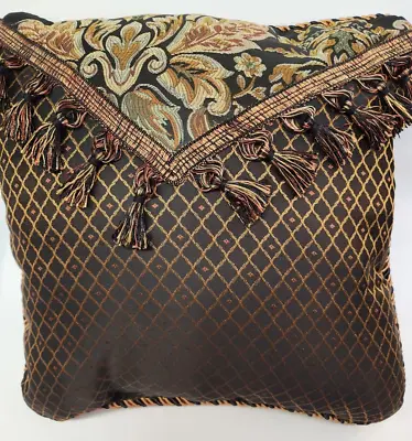 $16.87 • Buy Black & Gold Elegant Damask Brocade Throw Pillow Decorative Fringe & Trim 18x18