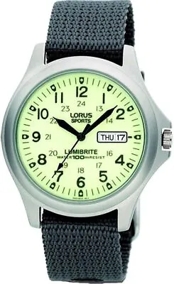 Lorus Gents Analogue Lumibrite Day-Date Grey Nylon Strap Watch Military Style • £63.91