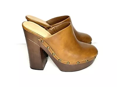 VTG Candie's Y2K Platform Wood Clogs Closed Toe Studded Brown Leather Size 8.5 • $45