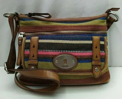 $58 • Buy Fossil Maddox Multicolor Canvas Stripes Logo Zipper Pockets Crossbody Bag Purse