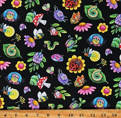 Cotton Insects Bugs Ladybugs Bees Flowers Mushrooms Fabric Print By Yard D586.63 • $11.95