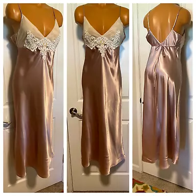 Vtg Gilligan & O'malley Lavender Wet Satin W/ Beaded Lace Long Nightgown Sz -m • $34.99