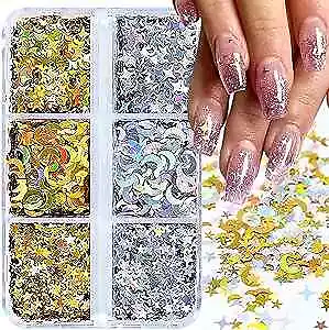  1 Box/6 Grids Nail Art Glitter SequinsGold Silver Star Moon Four-Pointed  • $12.13