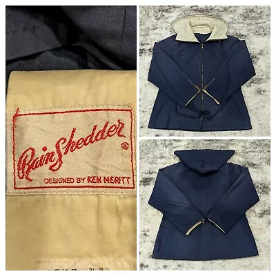 Vintage Rain Shedder Mens Medium M Blue Hooded Rain Coat Full Zip Removable Hood • $24.99