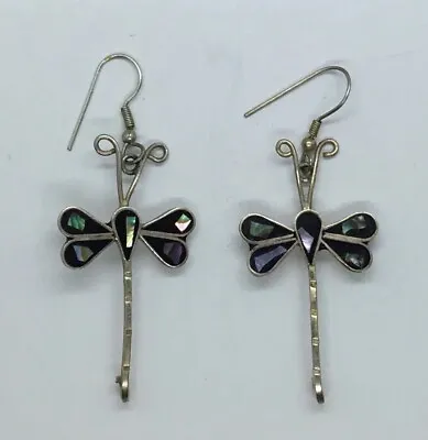 Vintage 2.25”  Sterling Silver Onyx W/Abalone Inlay Dragonfly Earrings Mexico • $27.99