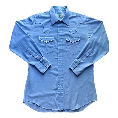 Vintage 70s Mesquite Chambray Western Shirt Men’s Large Light Blue USA Made • $29.95