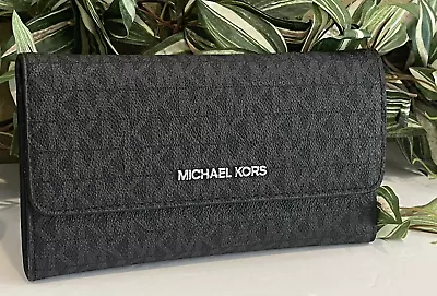 Michael Kors Jet Travel Large Trifold Wallet Clutch Black Mk Logo Leather Silver • $77.99