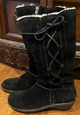 UGG Womens Tall Shearling Lined Boots Size 9 Black Leather Lace Up Fringe • $119.99