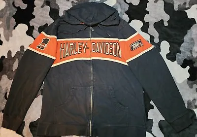 Harley Davidson Racing Patches Orange Black Full Zip Hoodie Motorcycle Men's XL • $45