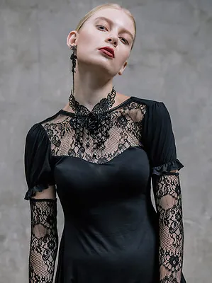 Fashion Goth T-Shirt Tops Women Steampunk Visual Kei Lace Black Tee With Sleeve • $41