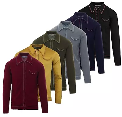 NEW MADCAP MENS CRAWDADDY RETRO 50s 60s 70s MOD LONG SLEEVE POLO CARDIGAN MC298 • £44.50