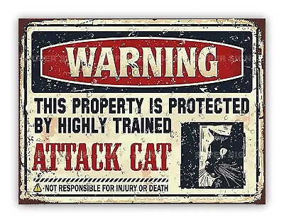 Funny   Attack Cat Warning   Aluminium Metal Garage Sign Pet Kitchen Garden Room • £4.99