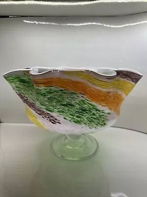 Vintage Large Mcm Murano Art Glass Ruffled Pedestal Bowl Multi Color Splash 8.5” • $98