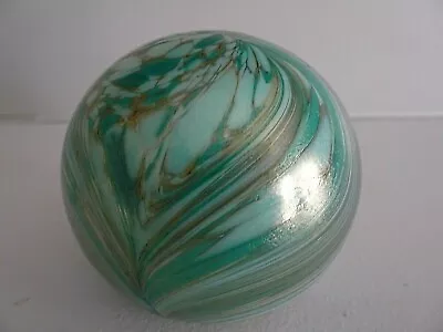 Vintage Green Mottled Pulled Feather Art Glass Paperweight Attributed Vandermark • $46.80