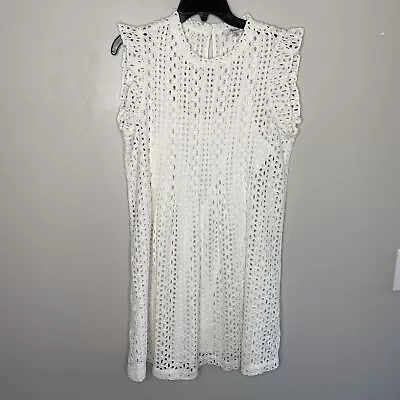 MADEWELL Dress Womens Medium M Eyelet Ruffle-Sleeve Mini NEW Ivory Cotton AN137 • $20.99