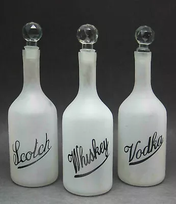 3 Antique Deco Frosted Liquor Bottle Decanter Hand Blown Script Crystal Stopper • $185