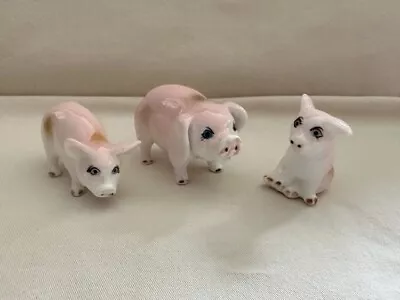 Set Three Miniature Bone China Pig Figurines Pink Pig Family Cute • $8