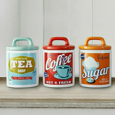£22.99 • Buy Set Of 3 Retro Canister Set-Tea/Coffee/Sugar Storage Jars Kitchen Essentials