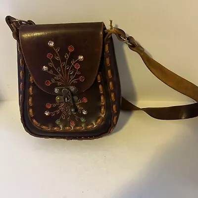 Vtg  1970’s  Genuine Leather Hand Tooled Embossed Floral Satchel Purse • $40