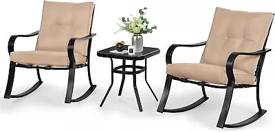 3-Piece Outdoor Rocking Chairs Bistro Set Black Iron Patio Furniture • $188.57