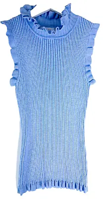 Milly Ribbed Knit Sleeveless Ruffle Neck Top Women's Size P Pullover Blue • $19.54