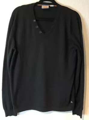 Hugo Boss Orange - Men’s Sweater XL Black V Neck Buttons 100% Virgin Wool Preppy • $29.99