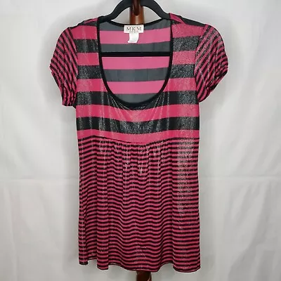 MKM Designs Women's Top M Pink Black Metallic Striped Scoop Neck Short Sleeve • $9.74