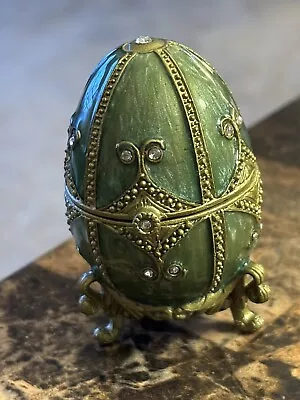 Enameled Decorative Hinged Jeweled  Green Gold Egg Trinket Box 2 1/2” Tall • $10