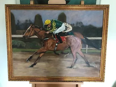 Large Oil Painting On Canvas Depicting Race Horses And Jockeys. • £190