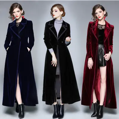 2022 Winter Women's Vintage Notched Collar Wrap Black Velvet Long Coat • $238.01