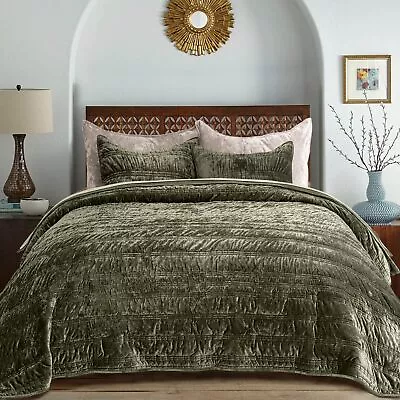 Luxury Ruched Velvet Quilt King Size Ultra Soft Bedspread Coverlet Set Ligh... • $126.61