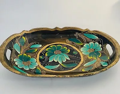 VTG 50s Mexico Batea Folk Art Handpainted Florals W/Gold Lacquered Wood Tray 12” • $36