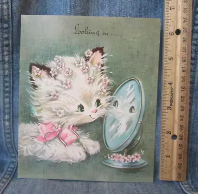 CUTE CAT LOOKING IN MIRROR Vintage Select Greeting Card 1950's 1960's ACR31 • $3.50