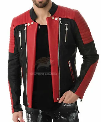 Men's Brando Classic Biker Black & Red Vintage Motorcycle Real Leather Jacket • $89.99